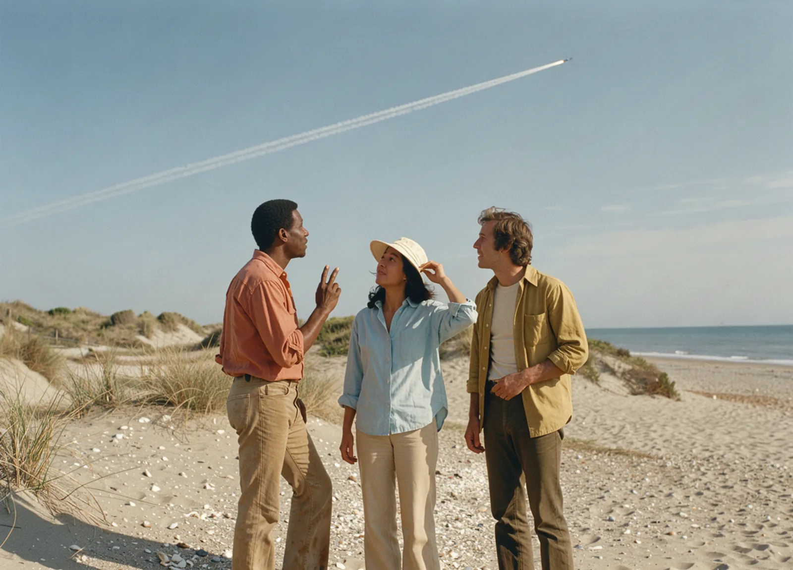 Three friends sharing a quiet view of a distant launch from a bright beach