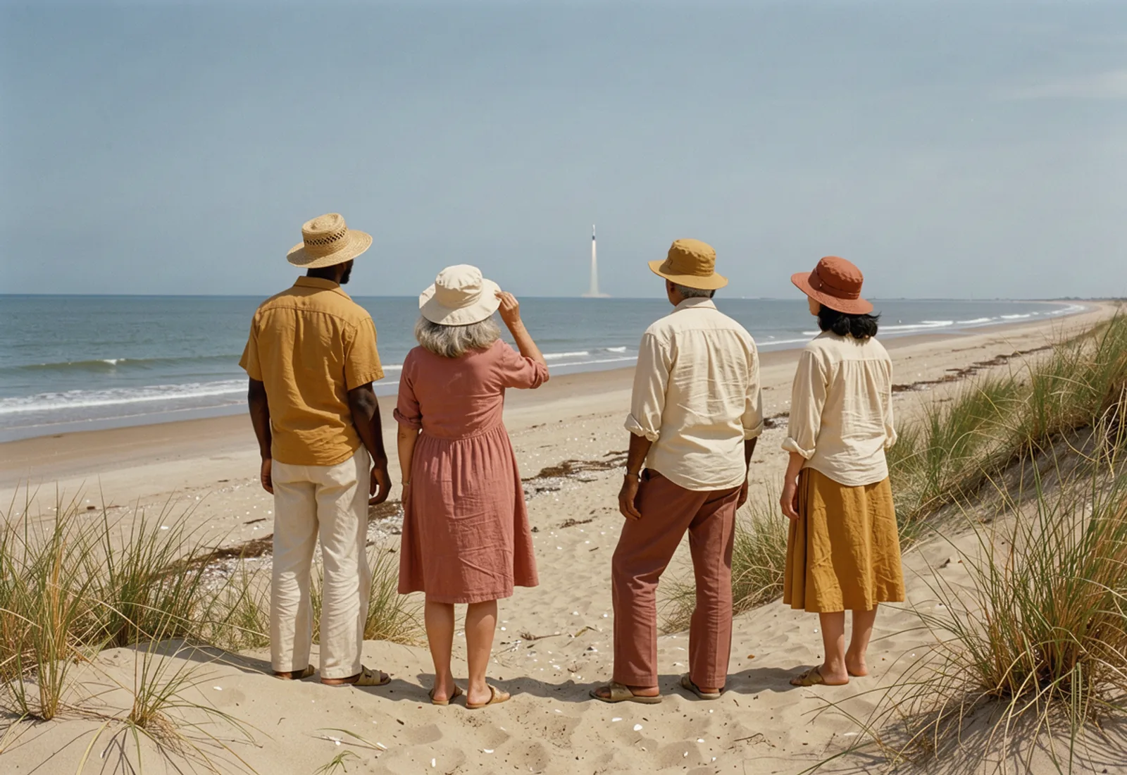 Friends on a sunlit beach looking toward a distant white launch trail
