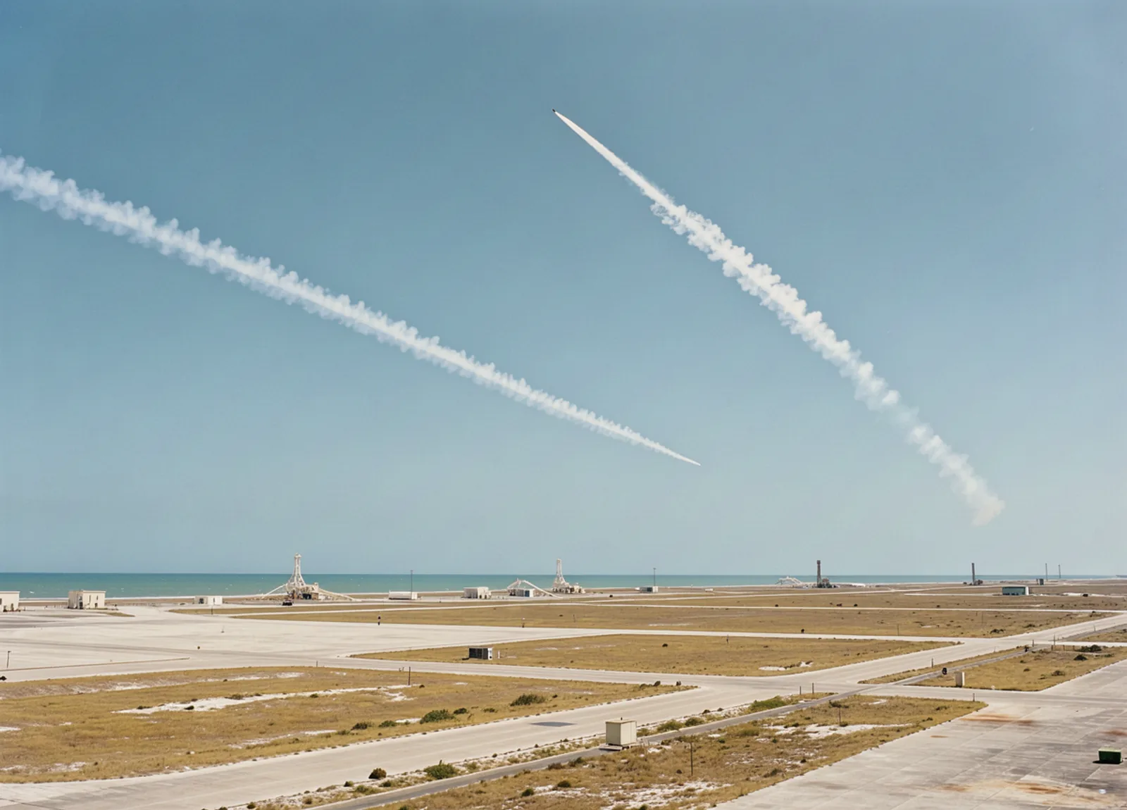 Two white contrails at different angles across a pale daytime sky above the coast