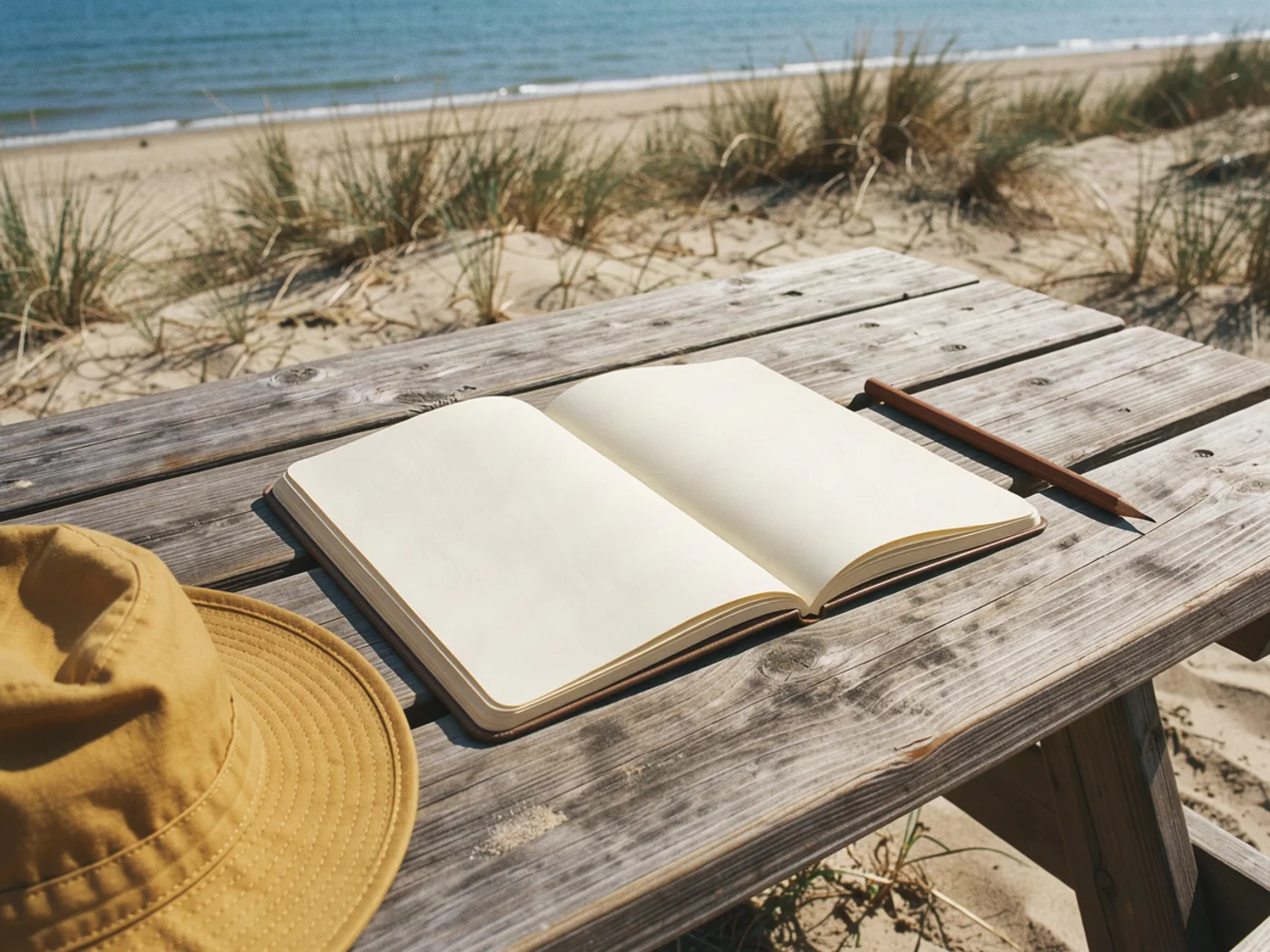 An open blank notebook and a sunhat resting on a weathered seaside picnic table