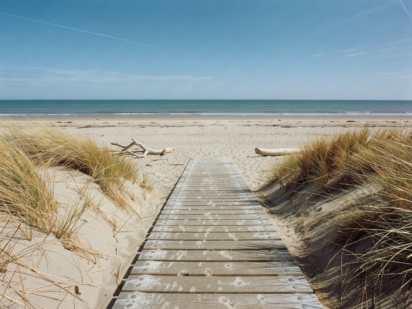 A sandy boardwalk opening onto an empty beach under a bright blue sky