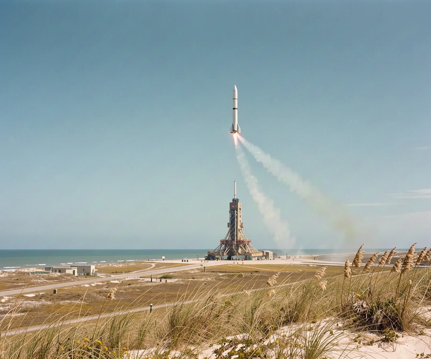 A distant rocket lifting from a coastal launch pad in bright daylight, a white contrail over pale blue sky