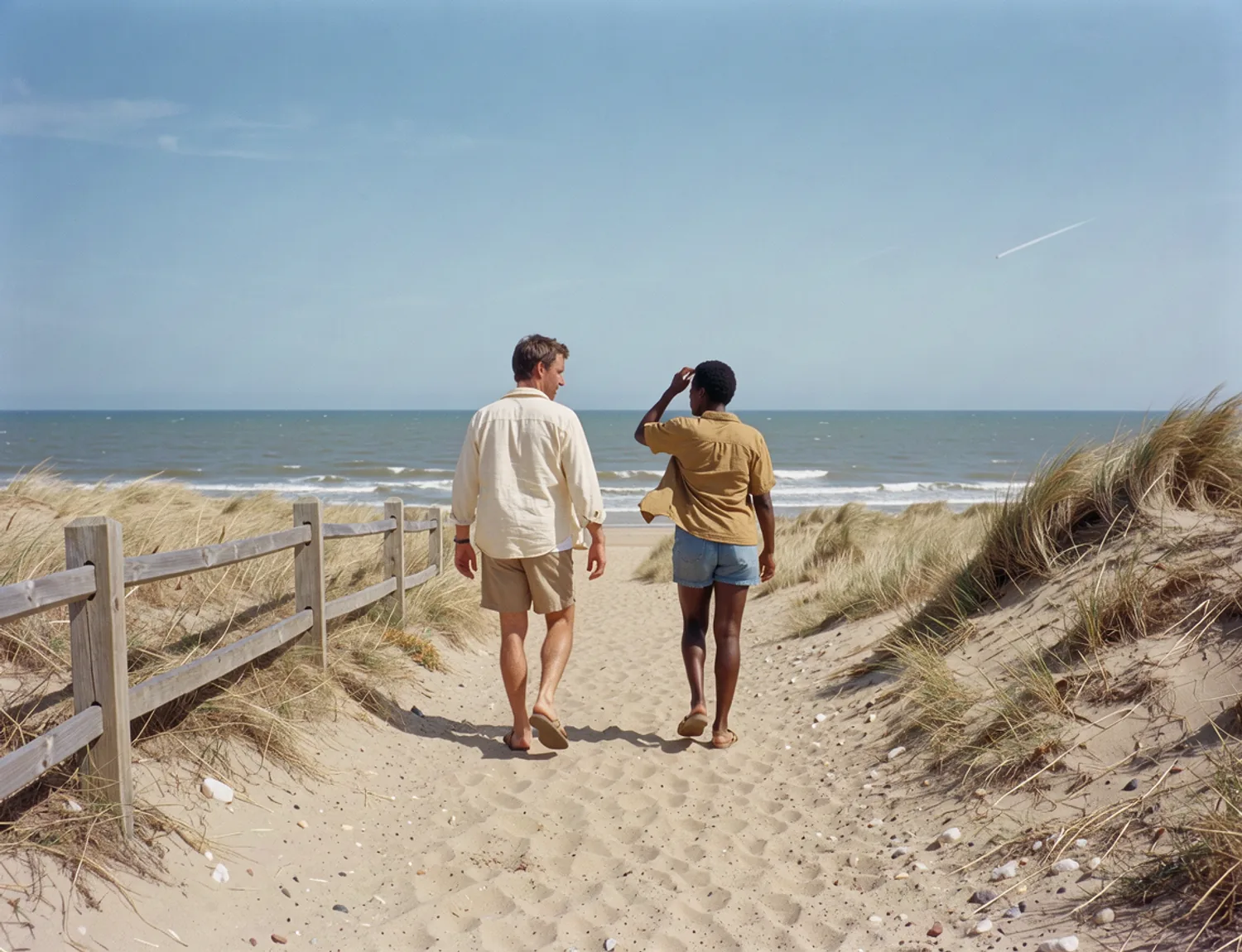 Two adults walking along a bright coastal path beside dune grass