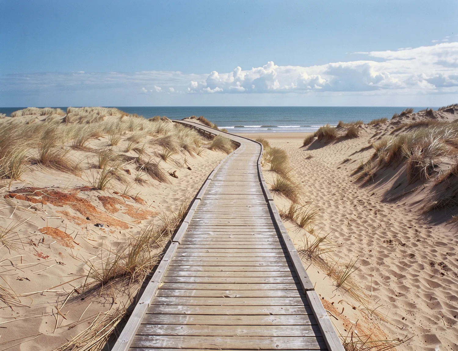 A sunlit wooden path winding through golden dunes toward the sea