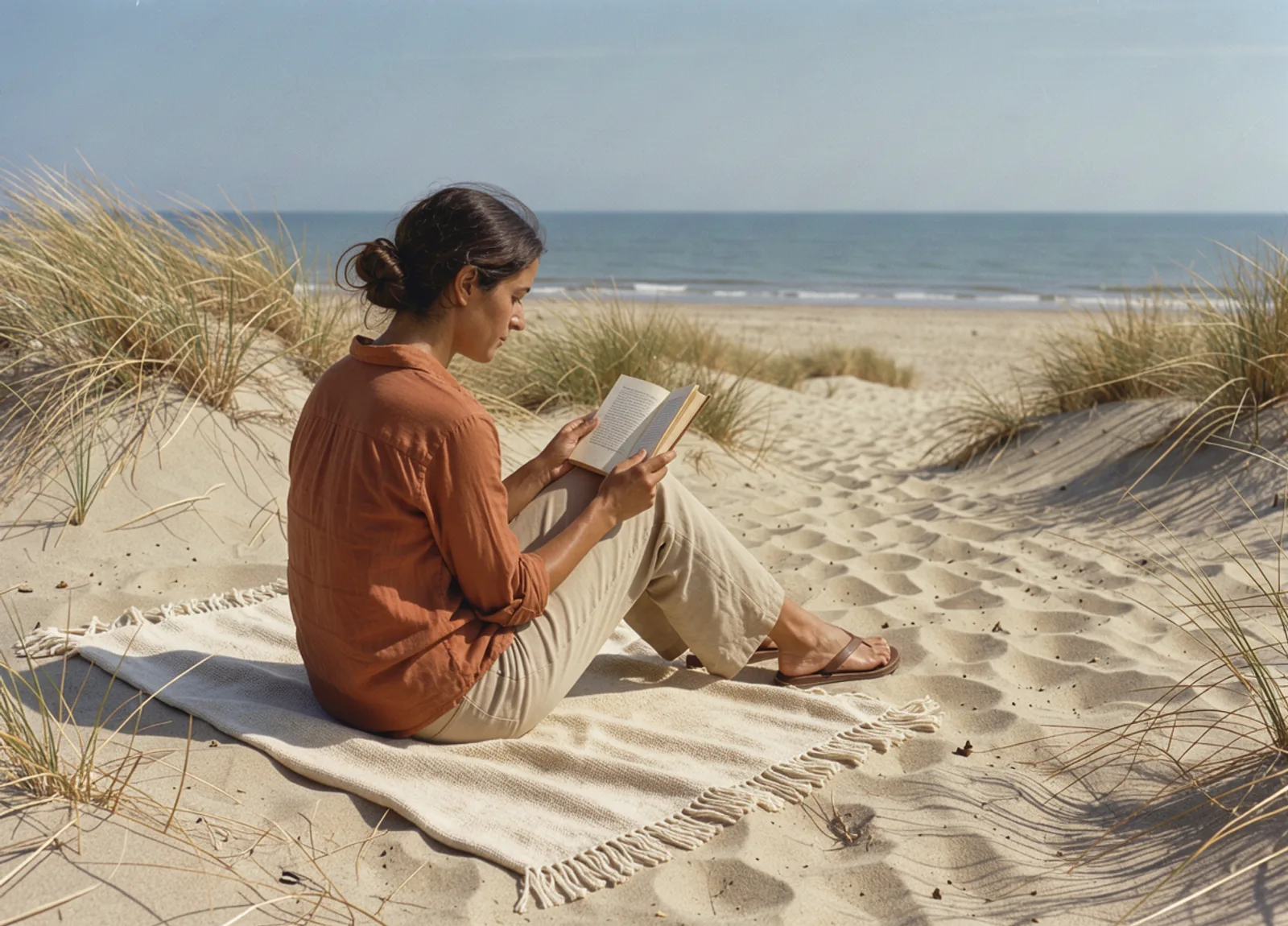 An adult reading a book on a blanket beside sunlit coastal dunes